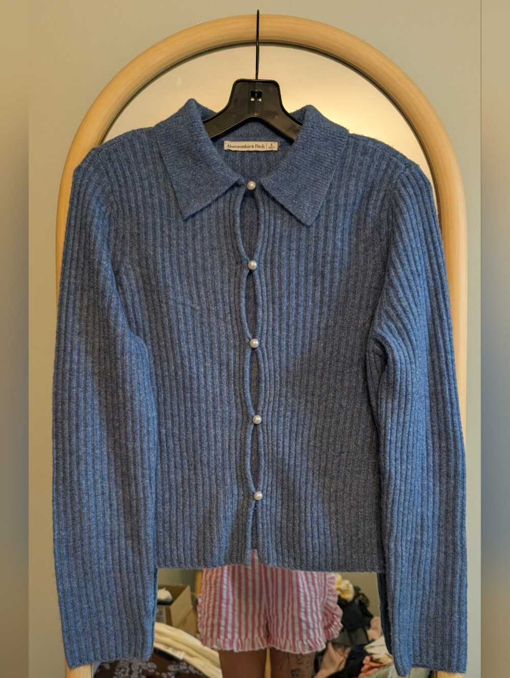 Abercrombie & Fitch Blue Ribbed Pearl-Button Cardigan Sweater